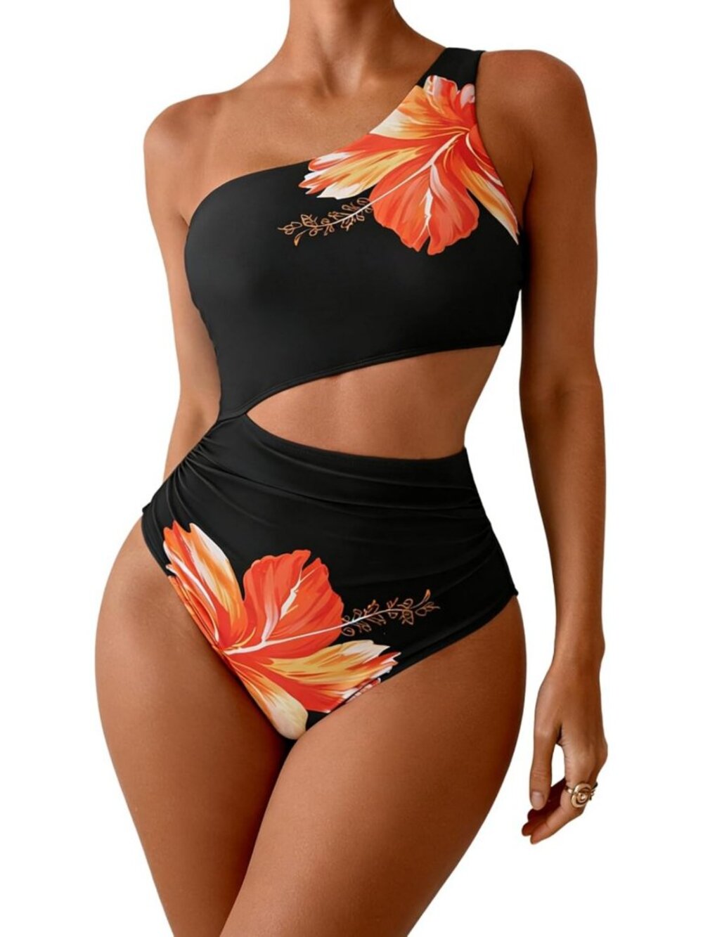Sexy One Shoulder Cutout One Piece Swimsuit with Tummy Control for Women